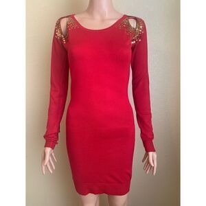 Say What? Red Long Sleeve Gold Sequin Dress Small Party Sweater Dress Holiday